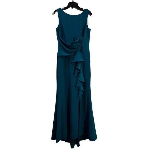 Betsy & Adam Christine Scuba Formal Crepe Ruffled Bow Gown Azure 12 NWT - Picture 2 of 6
